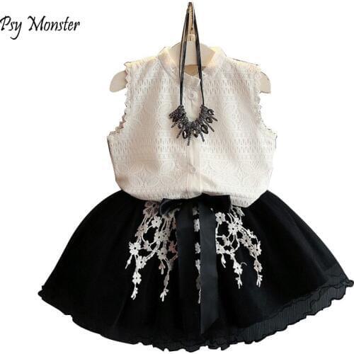 Infantil Toddler Fashion Kids School Girls White Lace Sleeveless Tops Shirt +Floral Tulle Skirt Outfits Birthday Dress C116