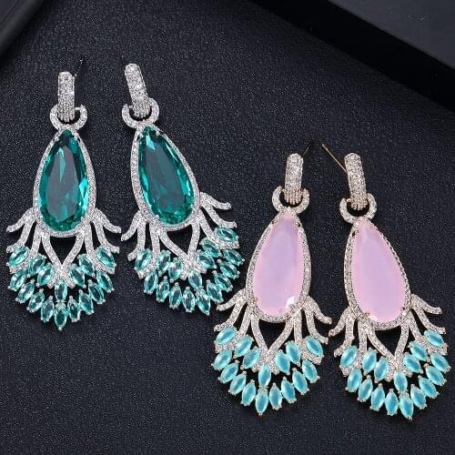 JANKELLY luxury flower Shape Long Earrings Cubic Zirconia Women Wedding Big Earrings Bijoux