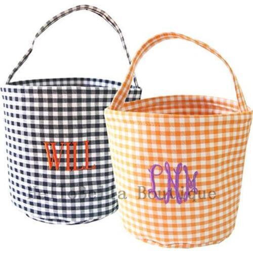 200pcs Gingham Halloween Tote Bag 2019 Plaid Halloween Buckets Wholesale Monogram Blanks Fall Halloween Candy Baskets