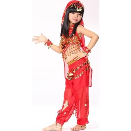 Performance 5-piece Set Halter Top, Belly Dancing Coin Belt, Pants and Headpiece Wristband Children Dance Wear Indian Costumes
