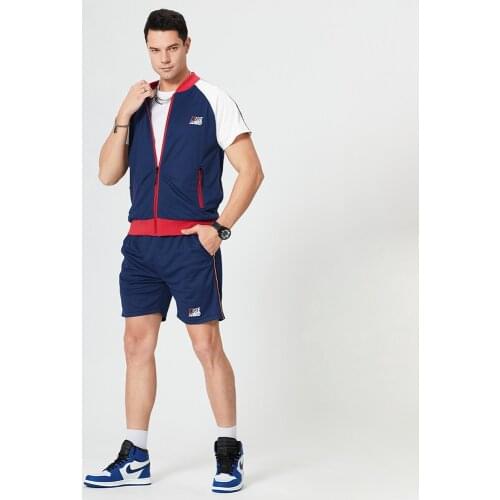 Summer Mens Sports Suit Jogging Short Sleeve Zipper T-Shirt + Waist Elastic Fitness Shorts Splice Color Quick-Drying Sportwear