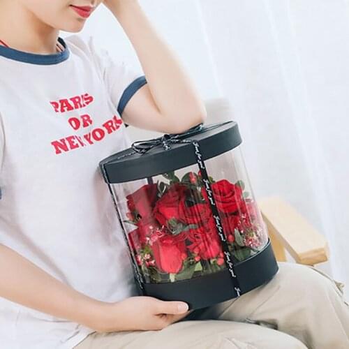 Round Flower Paper Boxes Hug Florist Flowers Bucket Transparent PVC Cake Gift Box Ladies Presents Paper Packing Case Lid