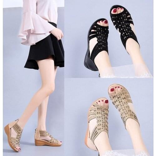 Summer New Womens Sandals, Polyurethane Open-toe Heightening, Thick-soled High-heel, One-word Buckle Wedge Heel