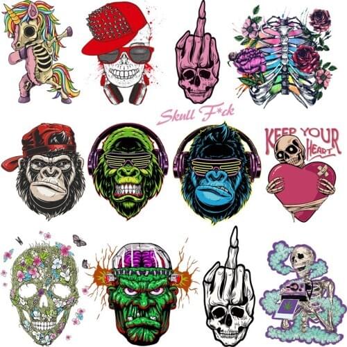 Punk Orangutan Unicorn Animal Ironing Stickers Heat Transfer Vinyl Patch Thermal Iron on Transfer for Clothes Skull Appliques