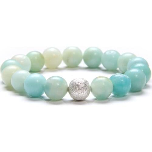 Natural Amazonite Bracelets For Women Fine Jewelry Plated Bead Bangle Casual Elastic Polished Blue Stone Bracelet Men Gift