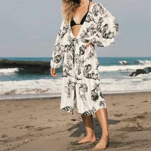 2021 New Black Feather Print Bikini Cover-ups Casual V-neck Loose Summer Dress Cotton Tunic Women Beach Wear Bathing Suit Cover