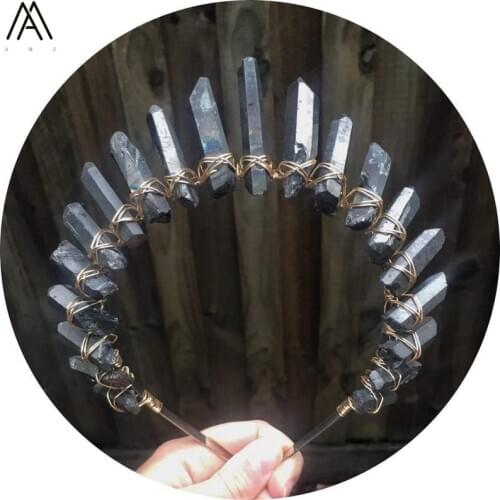 Gold Silvery Wire Wrapped Gun Black Crystal Point Crown Tiara Headband Women Metal Headwear Jewelry Accessories HG007AMCI