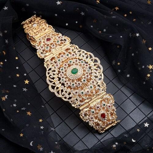 Delicate Rhinestone Drop shaped Zinc Alloy Gold Belt With Hollow Flower Crystal Long Sleeve Belly Chain Lady Metal Belt