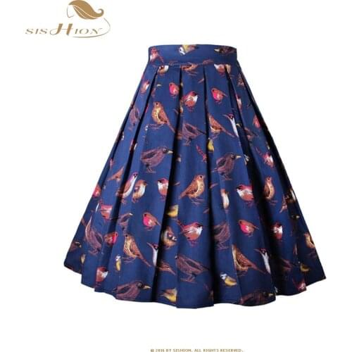 SISHION 2021 Fashion Vintage Skirts High Waist Navy Blue Birds Print Cotton Skirts Plus Size Y2K Women Summer Skirts SP1157