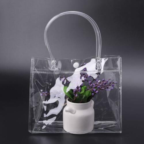 THINKTHENDO Clear Tote Bag PVC Transparant Handbag With Handle Wedding Party Favors Makeup Packaging Bags With Button