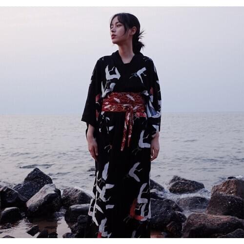 Japanese kimono traditional japanese kimono black yukata new feeling clothes obi Japanese geisha costume haori TA001