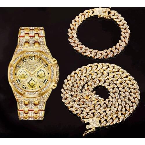 Hip Hop Rapper Iced Out Watch for Men Iced Out Paved Rhinestones 12MM Miami Curb Cuban Chain CZ Bling Necklaces for Mens Jewelry