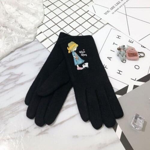 Female Cashmere Cute Girl Print Leopard Embroidered Touch Screen Mittens Winter Women Wool Knit Thicker Driving Warm Gloves J75