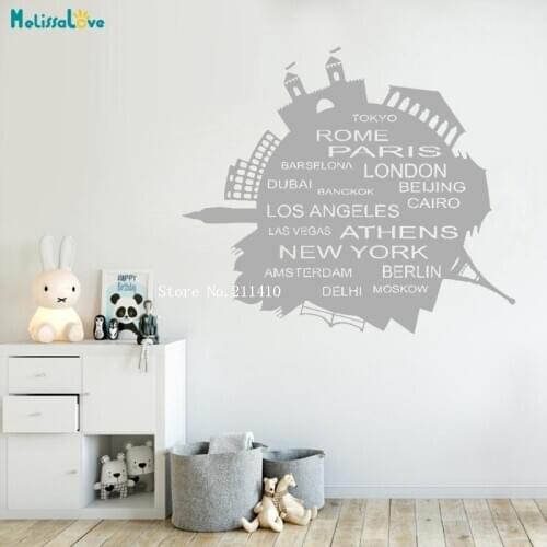 Vinyl Wall Sticker Skyline World Map Travel Tourist Wonder Planet Decals For Kids Baby Room Decals 3d Wall Art Murals YT911
