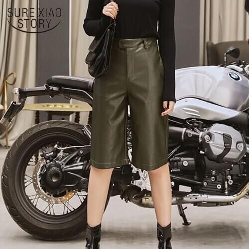 2021 Autumn Spring Women PU Leather Short Plus Size British Style High Waist Motor Fashion Trouser Casual Overalls Streetwear