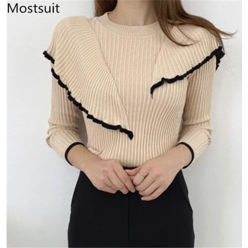 Stylish Korean Knitted Ruffles Women Pullover Sweater Women Long Sleeve O-neck Slim Fashion Ladies Tops Jumpers Femme 2020