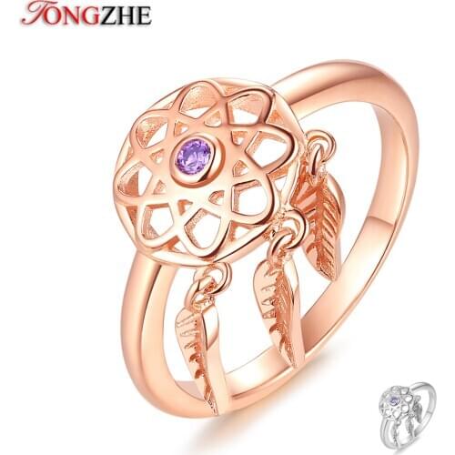 TONGZHE Genuine 925 Sterling Silver Dream Catcher Charm Rose Gold Rings for Women Purple CZ Fashion 2018 Jewelry Christmas