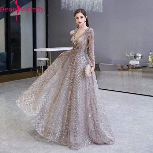 Beauty Emily V Neck Long Sleeve Beading Evening Dress 2020 Charming Appliques Lace Zipper Back Formal Party Dress