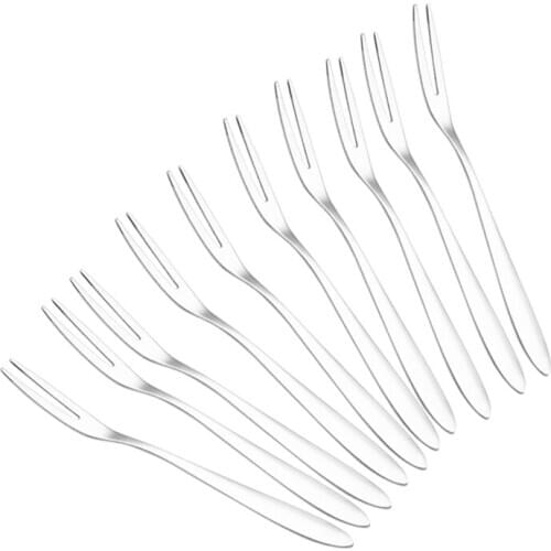 10Pcs Stainless Steel Reusable Fruit Fork Cake Snack Dessert Salad Flatware Fork Two-Tine Fork Set Kitchen Tool 13cm