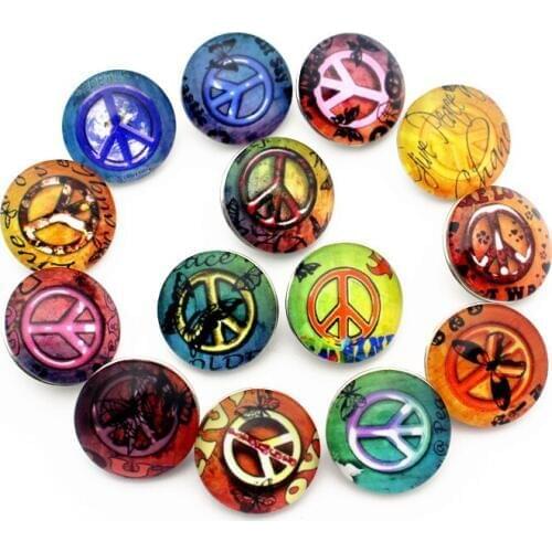 12pcs/lot glass snap buttons peace symbol 18mm leather clasp snap button Bangles snap bracelet jewelry