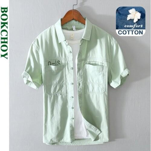 2021 Summer and Spring New MenFresh Literary Shirt, Casual Letter Printing Top, Work Clothes, Gray and Green GA-L9809