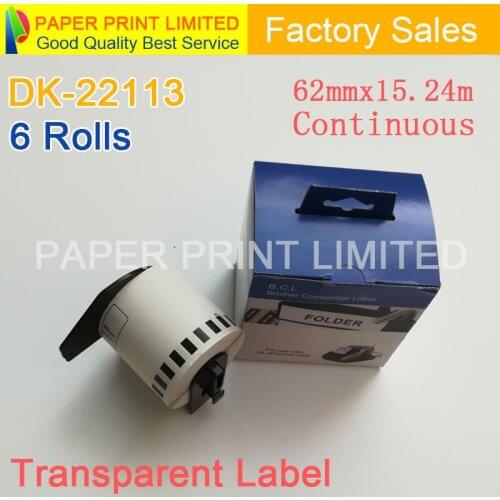 6 Rolls Compatible DK-22113 Label 62mm*15.24M Continuous Compatible for Brother Label Printer Half Transparent Material