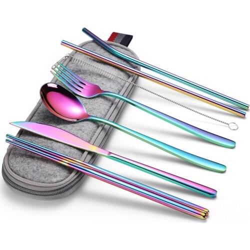 8Pcs/Set Colorful Tableware Stainless Steel Cutlery Straw Dinnerware Set Spoon Fork Chopsticks with Straw Portable Case