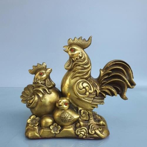 9"Chinese Seikos Bronze Chinese Zodiac Chicken Statue Family Portrait Chicken Implication Family fun Everything goes well