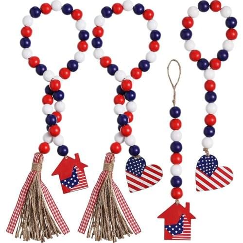 4 Pieces Patriotic Independence Day Wood Bead Garland with American Flag, Farmhouse Rustic Bead with Heart House Wood