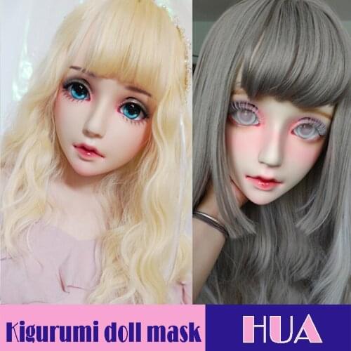 Hua-01)Female Sweet Girl Resin Half Head Kigurumi Mask With BJD Eyes Cosplay Japanese Anime Role Lolita Mask Crossdress Doll