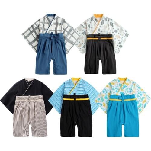 Infant Japanese Style Kimono For Newborn Boys Yukata Pajamas Cotton Sleepwear Rompers Traditional Asian Clothes