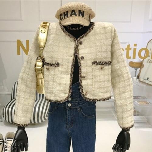 Korean Plaid Outwear Crop Top Retro Autumn 2021 New Luxury Single Breasted Tweed Jacket Short Woolen Coat Women Slim Long Sleeve