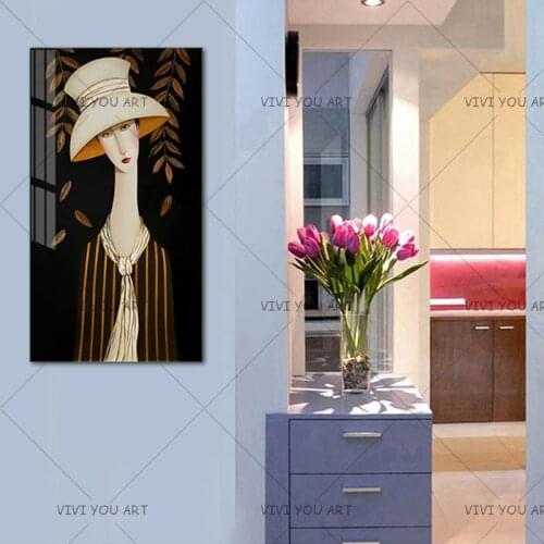 Best Elegant Hat Lady Canvas Painting Frigure Poster 100% Handmade Creative Wall Art For Living Room Studio Decoration