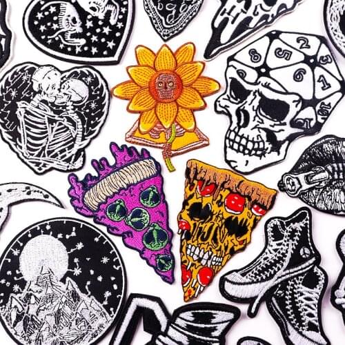 Prajna Punk Biker Patches On Clothes Skull Pizza Embroiderd Patches For Clothing Thermoadhesive Patches Metal Clothes Badges