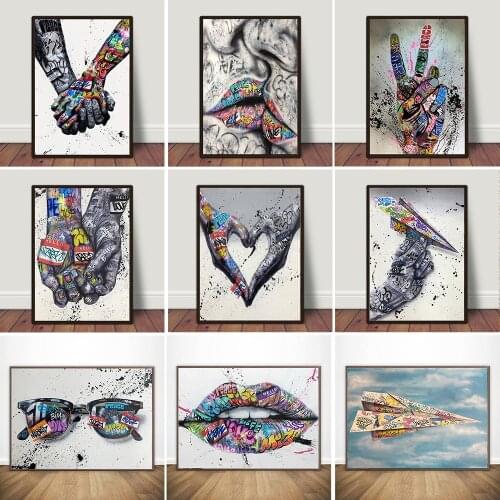 Street Graffiti Art Lover Kissing Posters and Prints Canvas Painting Abstract Hand Wall Art Picture for Living Room Home Decor