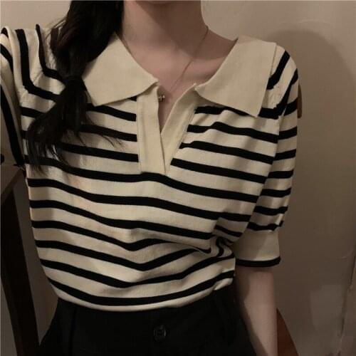 Pullovers Loose Summer V Neck Striped Knitted T-Shirt Fashion Vintage All Match Sexy Casual Japan Crop Top Blusas Blouses Femme
