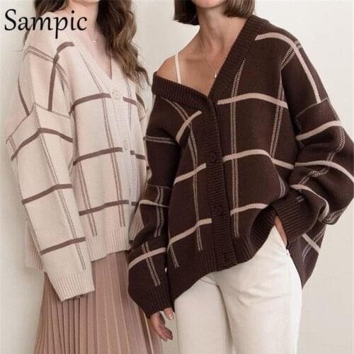 Sampic 2021 Plaid Brown Cardigans Women Vintage Y2K Fashion Loose Oversized Coat Pull Knitted Casual Sweater Female Tops Winter