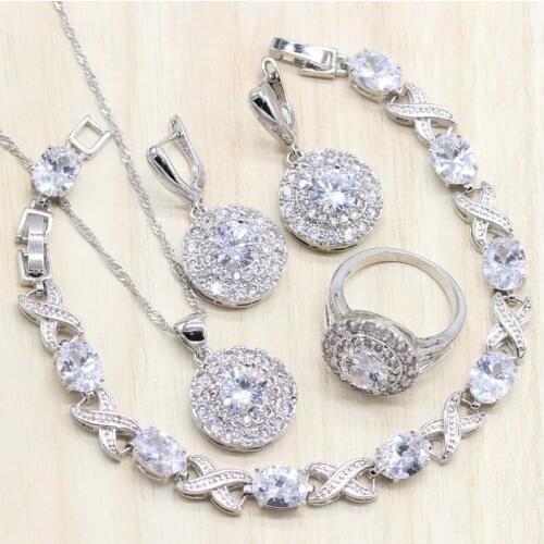 Silver Color Jewelry Sets Pure White Cubic Zircon Round Earrings/Pendant/Necklace/Ring Bracelet for women Free Gift Box