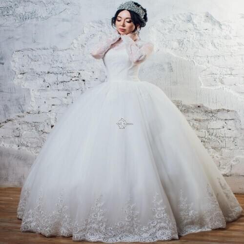 Vintage Long Sleeves Lace Wedding-Dresses White Ivory Tull Skirt Lace Edge Princess Bridal Gown Skirt Vestido De Noiva
