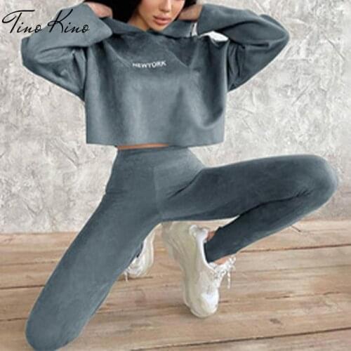 Letter Print Suede Hooded Women Tracksuit Sets Hoodies Skinny Jogger Two Piece Set Female 2021 Autumn Sexy Causal Ladies Suit