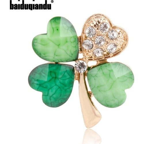 Green Four Leaf and Rhinestones Lapel Pins or Brooches for Women or Men in Assorted Designs