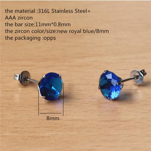 316 L Stainless Steel With 8mm Round AAA New Royal Blue blue Zircon Stud Earrings For Men And Women 201903011414