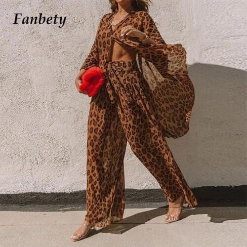 Women Elegant Leopard Print 2 Piece Sets 2021 Spring Shirt & Wide Leg Pants Suits Ladies Fashion Long Sleeve Outfits Streetwear