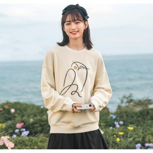 INMAN Autumn Winter Womens Cute Crewneck Sweatshirt Loose Cover Long Sleeve Aesthetic Embroidered 100% Cotton Lady Cute Tops
