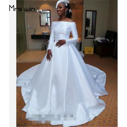 Mrs win Wedding Dress Elegant Long Sleeve Stain Wedding Dresses Boat Neck Vestido De Noiva Plus Size Train Wedding Gowns HR036