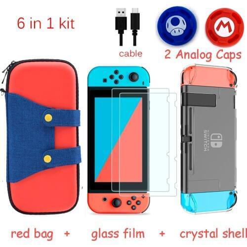 6 in 1 Games Console Storage Bag for Nintend Switch NS Case for Nintendo Switch +Hard Shell + Tempered Glass Film + 2 Grip Caps