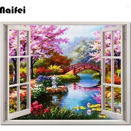 5D Diy Diamond Painting Spring park Cross Stitch kits full Diamond Embroidery Winter snow scene window picture for room Decor