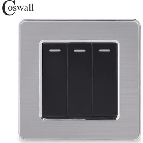 Coswall 3 Gang 1 Way Luxury Light Switch On / Off Wall Switch Interruptor Stainless Steel Panel AC 110~250V