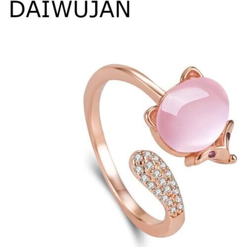 DAIWUJAN Sweet 925 Sterling Silver Pink Rose Quartz Fox Rings For Women Girls Cute Micro Zircon Animal Open Ring Fashion Jewelry