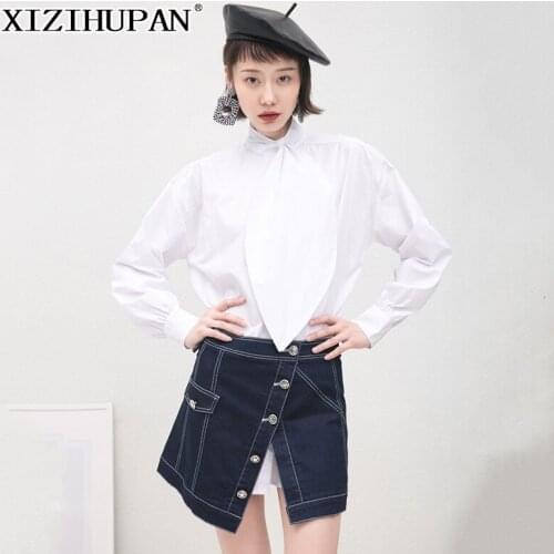 XIZIHUPAN Casual White T Shirt For Women Stand Collar Lantern Sleeve Single White T Shirts Female 2021 Spring Clothing Fashion